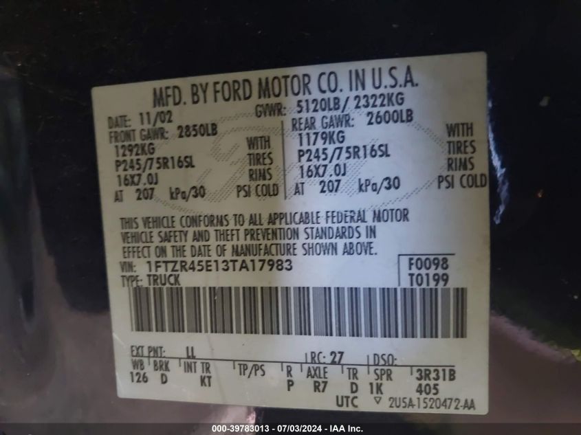 2003 Ford Ranger Super Cab VIN: 1FTZR45E13TA17983 Lot: 39783013