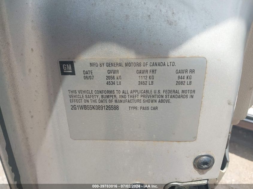 2008 Chevrolet Impala Ls VIN: 2G1WB55K089126588 Lot: 39783016