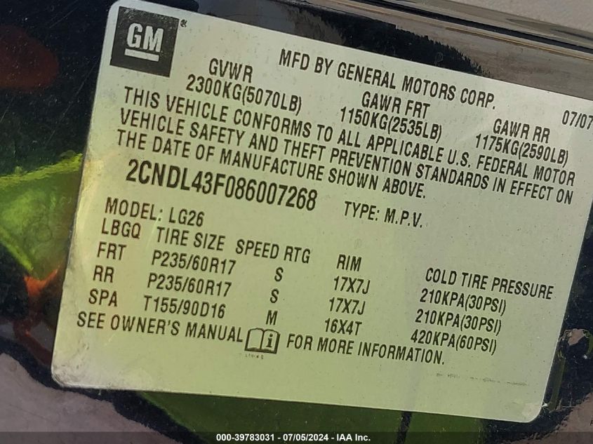 2CNDL43F086007268 2008 Chevrolet Equinox Lt