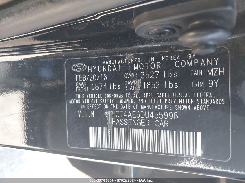 2013 Hyundai Accent Gls VIN: KMHCT4AE6DU455998 Lot: 39783034