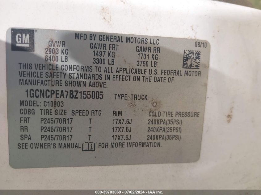 2011 Chevrolet Silverado 1500 Work Truck VIN: 1GCNCPEA7BZ155005 Lot: 39783069