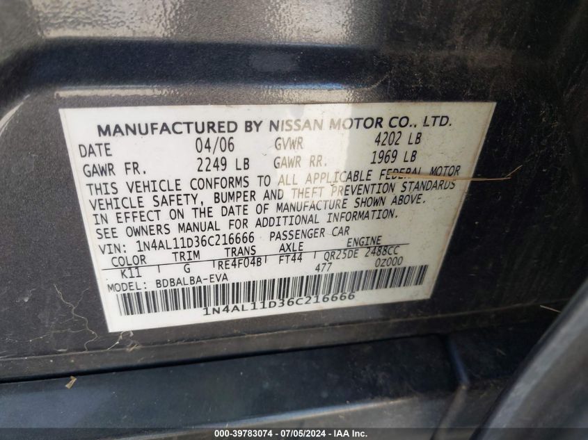 1N4AL11D36C216666 2006 Nissan Altima 2.5 S