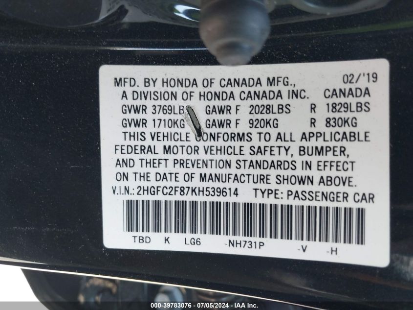 2019 Honda Civic Sport VIN: 2HGFC2F87KH539614 Lot: 39783076