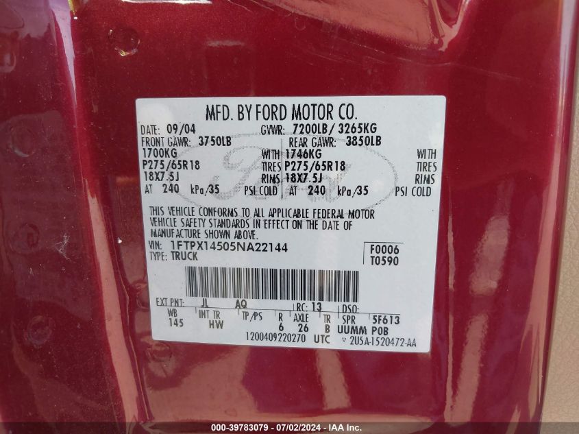 2005 Ford F-150 Fx4/Lariat/Xl/Xlt VIN: 1FTPX14505NA22144 Lot: 39783079