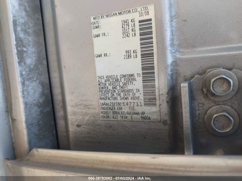 2009 Nissan Altima 2.5 S VIN: 1N4AL21E59C147711 Lot: 39783082