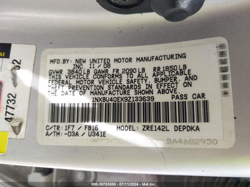 2009 Toyota Corolla Le VIN: 1NXBU40EX9Z133639 Lot: 39783085