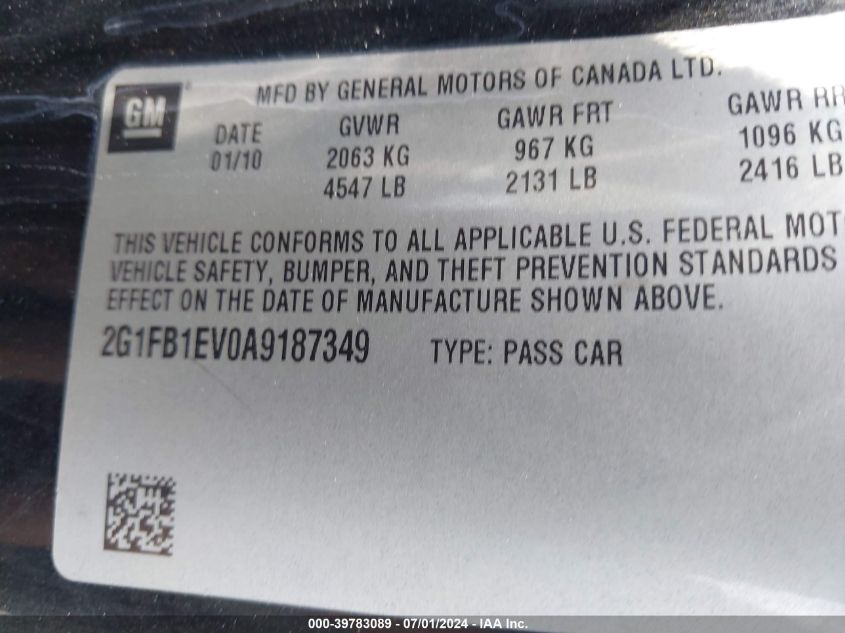 2010 Chevrolet Camaro 1Lt VIN: 2G1FB1EV0A9187349 Lot: 39783089