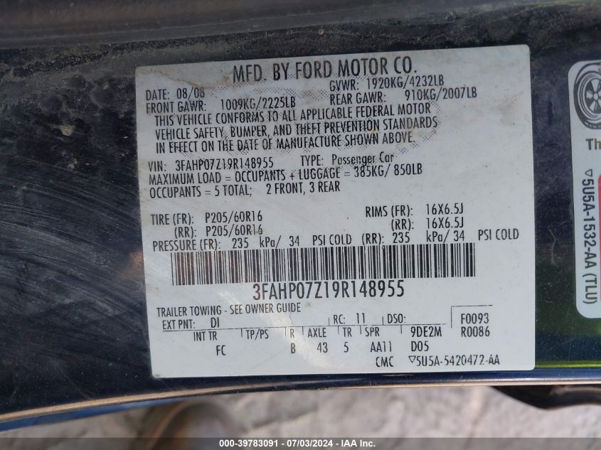 2009 Ford Fusion Se VIN: 3FAHP07Z19R148955 Lot: 39783091