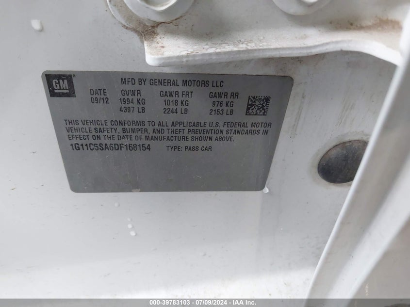 2013 Chevrolet Malibu 1Lt VIN: 1G11C5SA6DF168154 Lot: 39783103