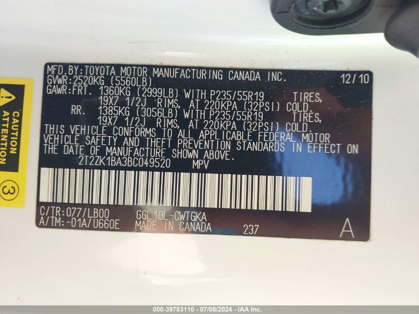 2011 Lexus Rx 350 VIN: 2T2ZK1BA3BC049520 Lot: 39783110