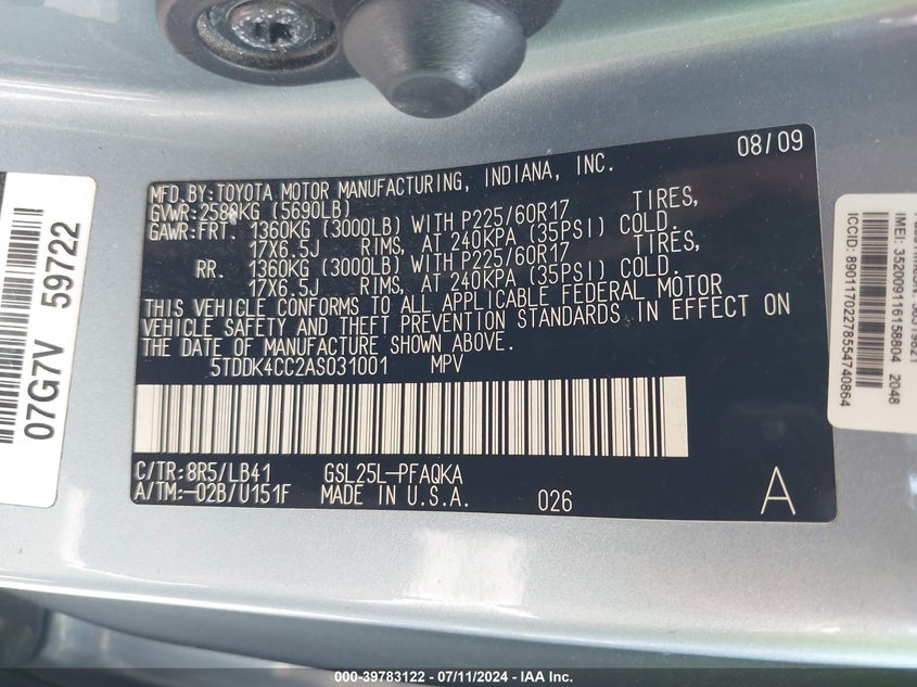 2010 Toyota Sienna Limited VIN: 5TDDK4CC2AS031001 Lot: 39783122