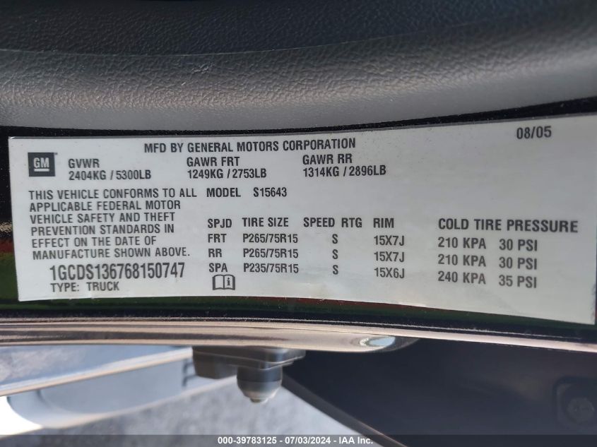 2006 Chevrolet Colorado Lt VIN: 1GCDS136768150747 Lot: 39783125