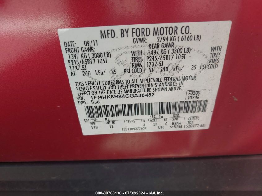 2012 Ford Explorer VIN: 1FMHK8B84CGA38482 Lot: 39783138