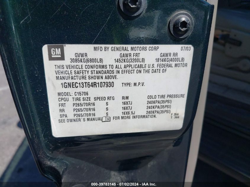 2004 Chevrolet Tahoe C1500 VIN: 1GNEC13T64R107930 Lot: 39783145