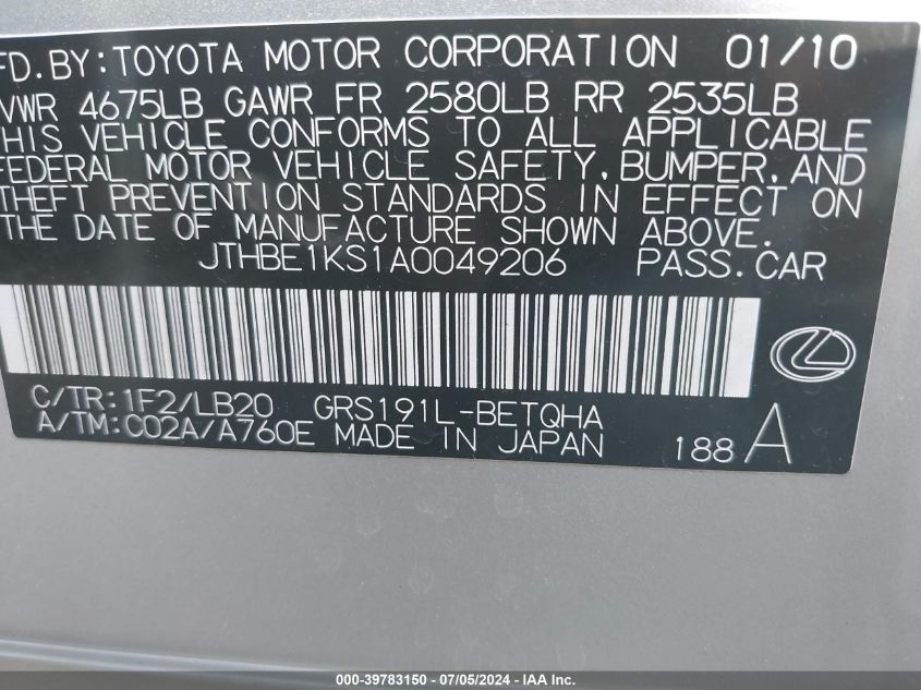 2010 Lexus Es 350 VIN: JTHBB1KF1A0049206 Lot: 39783150