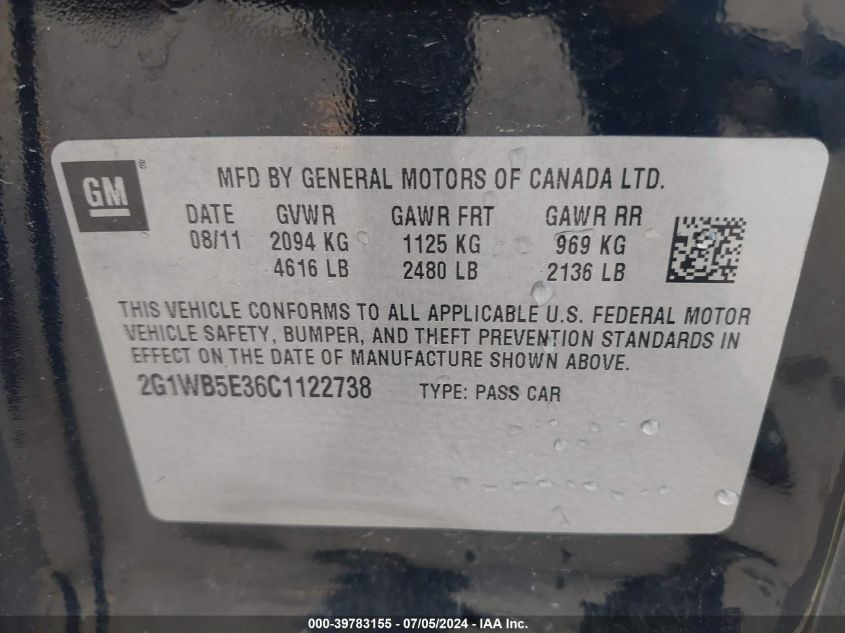 2011 Chevrolet Impala Lt VIN: 2G1WG5EK5B1224488 Lot: 39783155