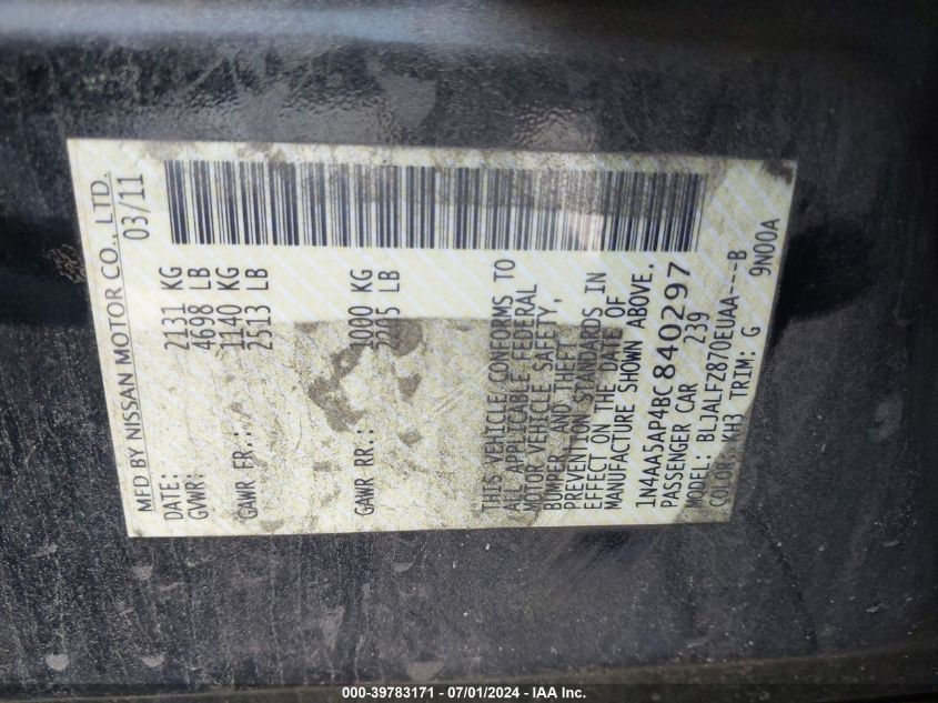 2011 Nissan Maxima 3.5 Sv VIN: 1N4AA5AP4BC840297 Lot: 39783171