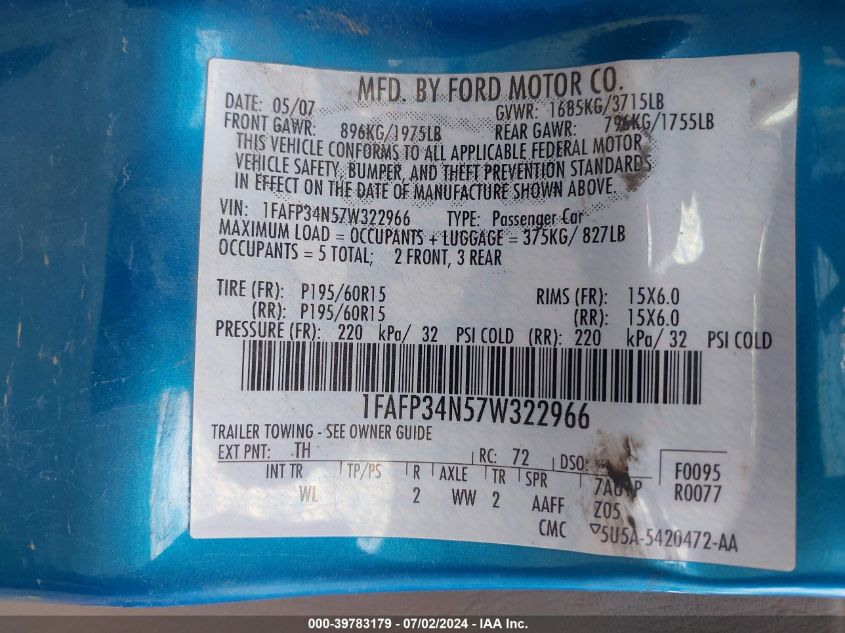 2007 Ford Focus S/Se/Ses VIN: 1FAFP34N57W322966 Lot: 39783179