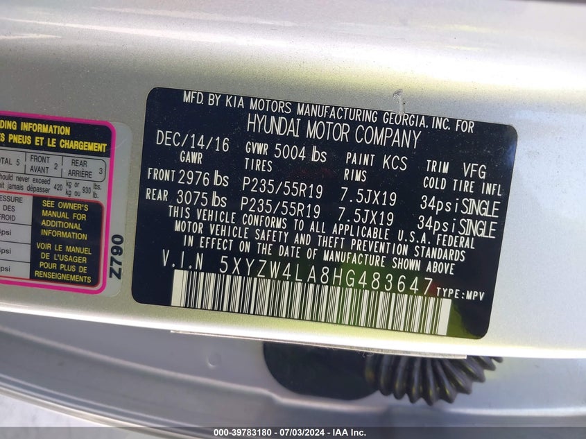 2017 Hyundai Santa Fe Sport VIN: 5XYZW4LA8HG483647 Lot: 39783180