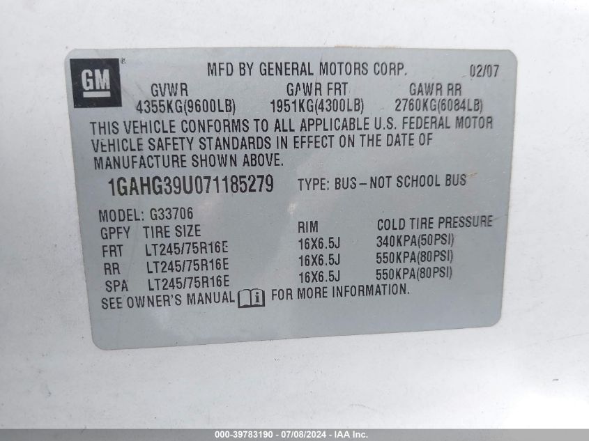 2007 Chevrolet Express Ls VIN: 1GAHG39U071185279 Lot: 39783190