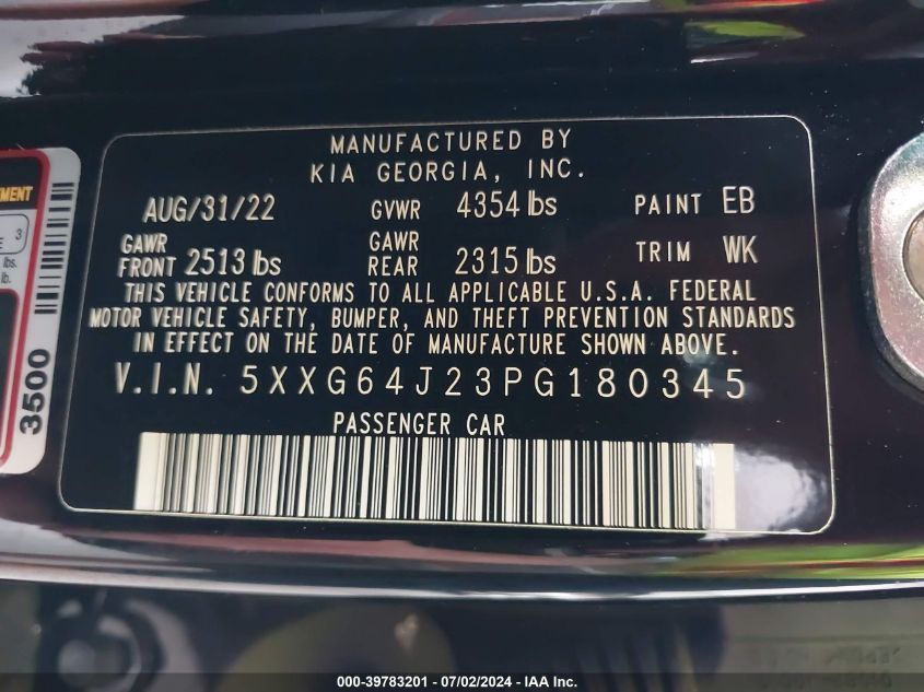 2023 Kia K5 Gt-Line VIN: 5XXG64J23PG180345 Lot: 39783201