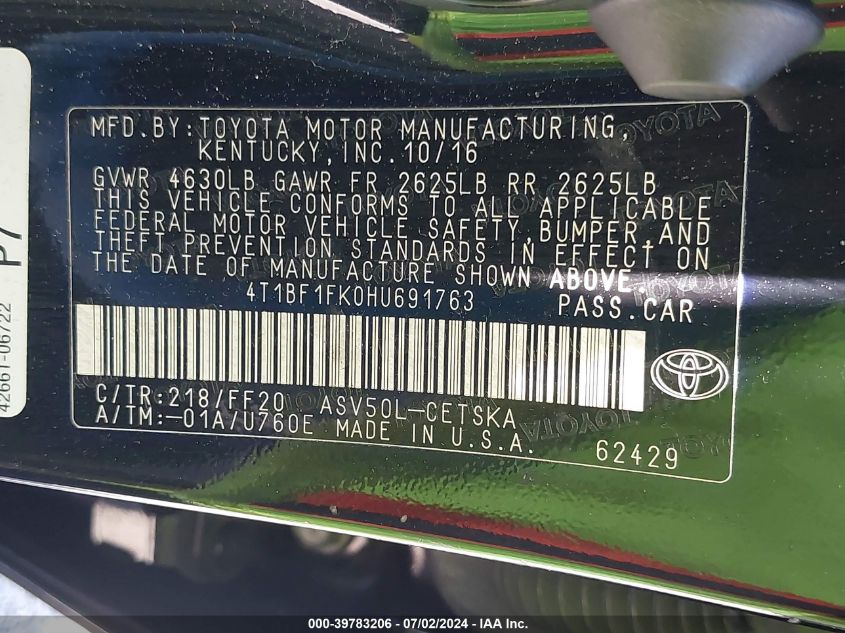 4T1BF1FK0HU691763 | 2017 TOYOTA CAMRY