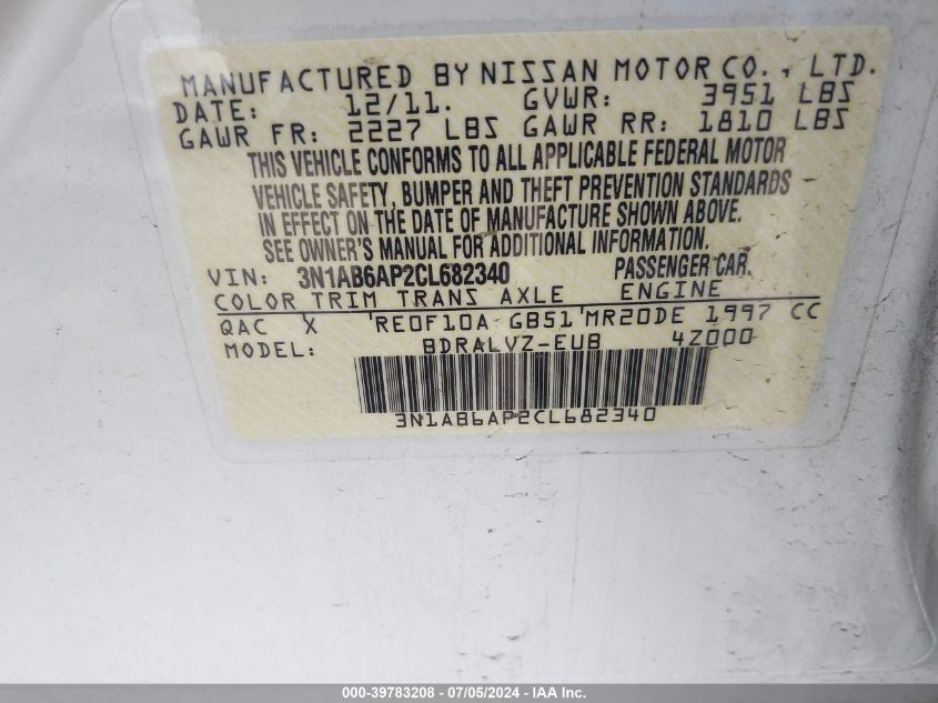 2012 Nissan Sentra 2.0 Sl VIN: 3N1AB6AP2CL682340 Lot: 39783208