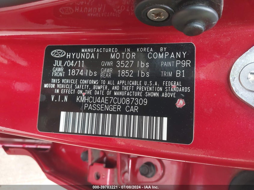 2012 Hyun Accent Gls Automatic Gls VIN: KMHCU4AE7CU087309 Lot: 39783221