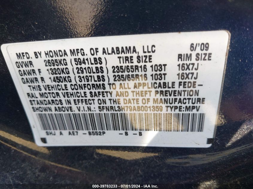 2010 Honda Odyssey Ex-L VIN: 5FNRL3H79AB001359 Lot: 39783233