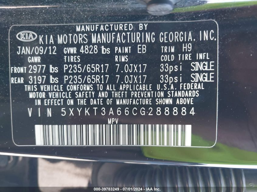 2012 Kia Sorento Lx VIN: 5XYKT3A66CG288884 Lot: 39783249