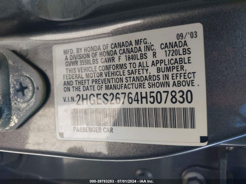 2004 Honda Civic Ex VIN: 2HGES26764H507830 Lot: 39783253