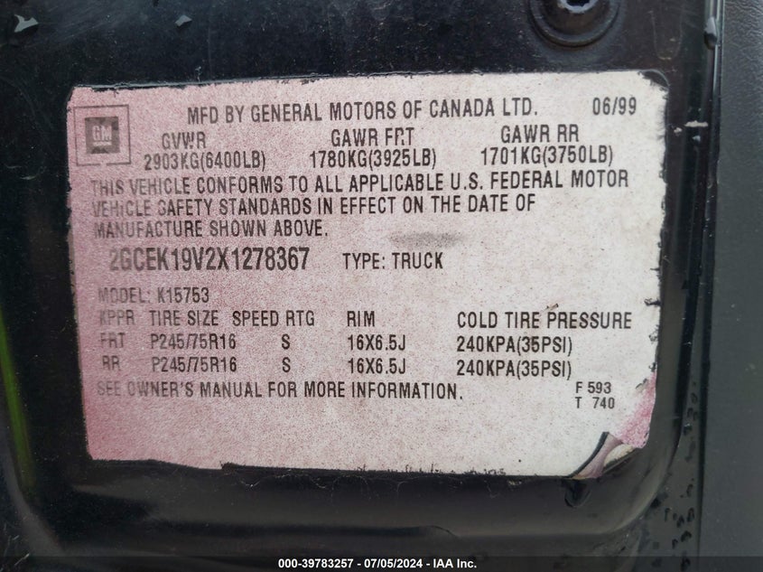 1999 Chevrolet Silverado 1500 VIN: 2GCEK19V2X1278367 Lot: 39783257