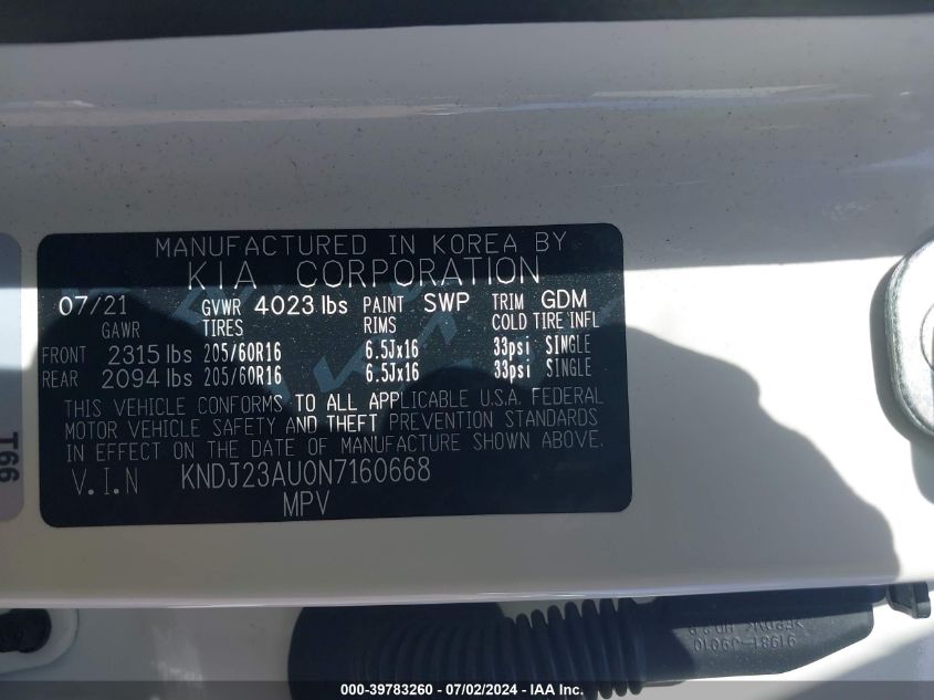 2022 Kia Soul Lx/X Line/S VIN: KNDJ23AU0N7160668 Lot: 39783260