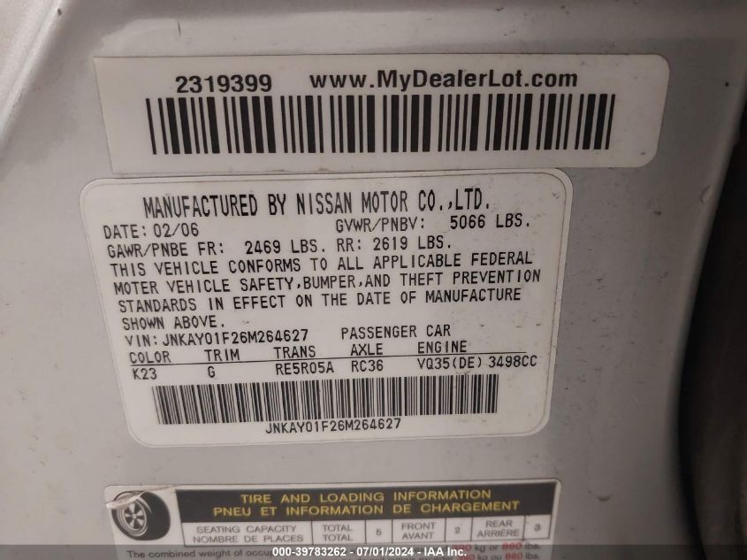 2006 Infiniti M35X VIN: JNKAY01F26M264627 Lot: 39783262