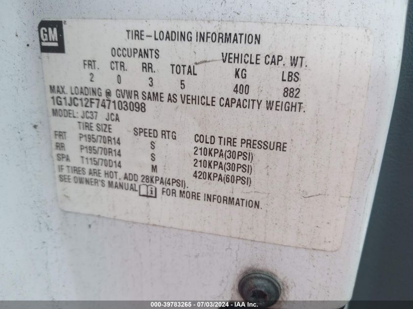 2004 Chevrolet Cavalier VIN: 1G1JC12F747103098 Lot: 39783265