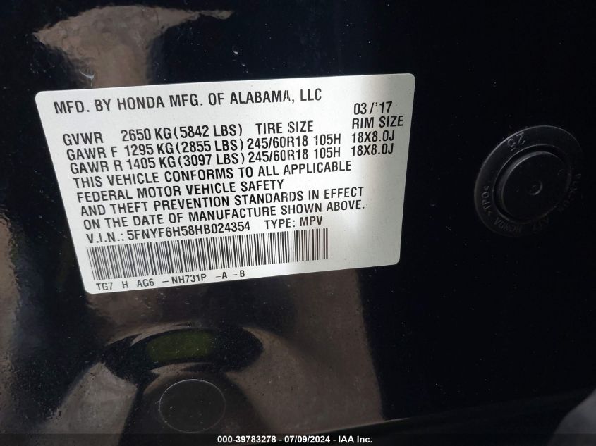 2017 Honda Pilot Exl VIN: 5FNYF6H58HB024354 Lot: 39783278