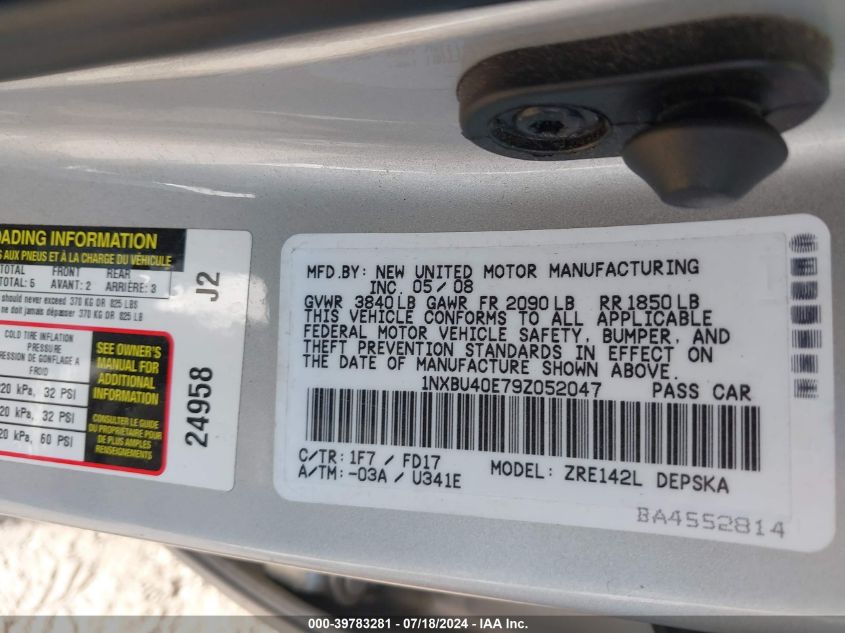 2009 Toyota Corolla S VIN: 1NXBU40E79Z052047 Lot: 39783281