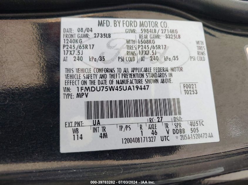 2005 Ford Explorer Limited VIN: 1FMDU75W45UA19447 Lot: 39783282