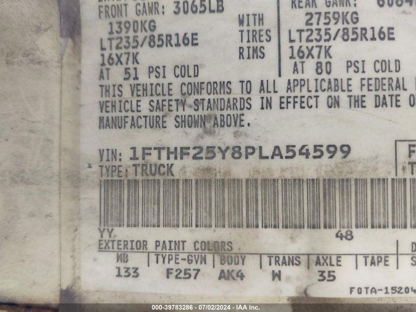 1993 Ford F250 VIN: 1FTHF25Y8PLA54599 Lot: 39783286