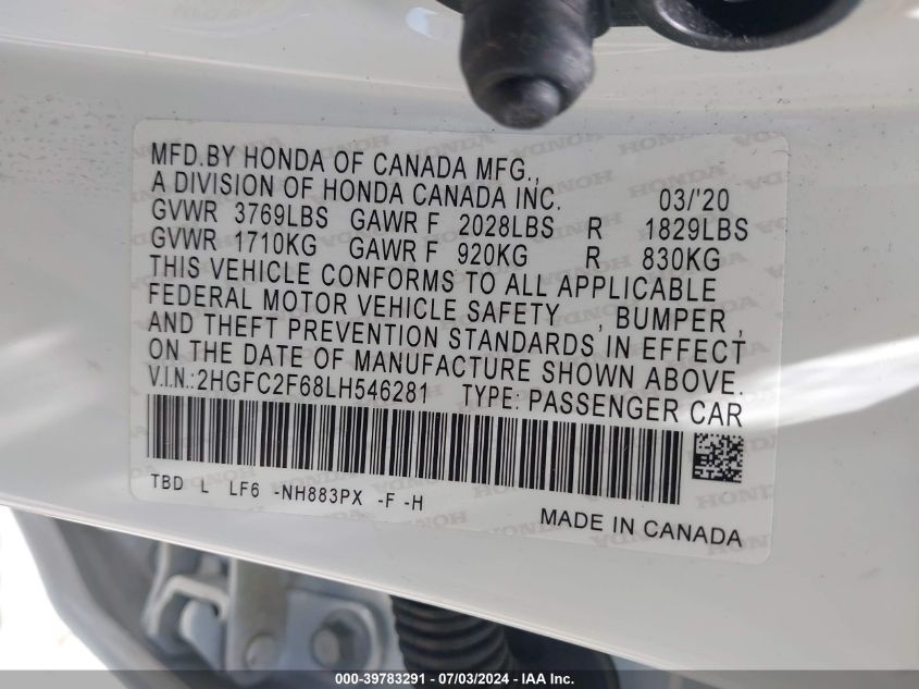2020 Honda Civic Lx VIN: 2HGFC2F68LH546281 Lot: 39783291