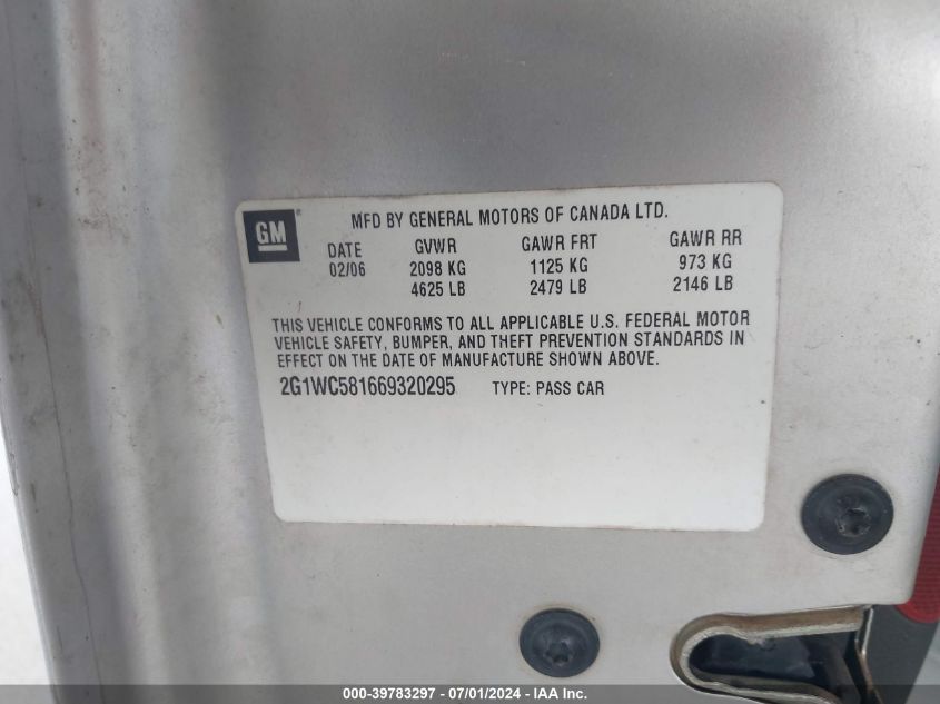 2006 Chevrolet Impala Lt VIN: 2G1WC581669320295 Lot: 39783297