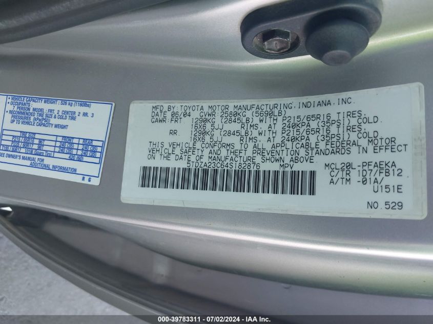 2004 Toyota Sienna Le VIN: 5TDZA23C64S182876 Lot: 39783311