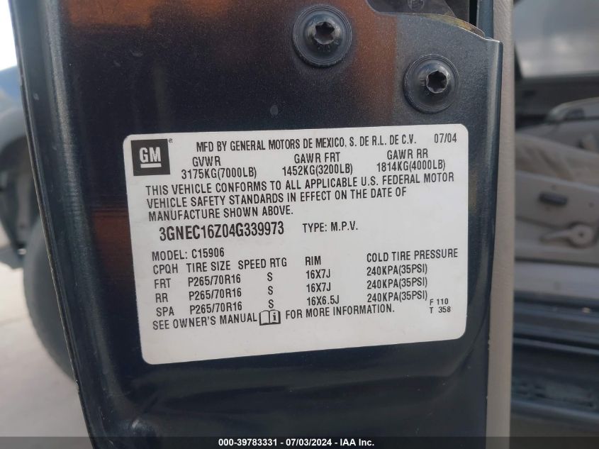 2004 Chevrolet Suburban 1500 C1500 VIN: 3GNEC16Z04G339973 Lot: 39783331