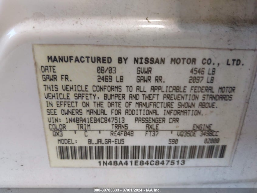 2004 Nissan Maxima 3.5 Sl VIN: 1N4BA41E84C847513 Lot: 39783333