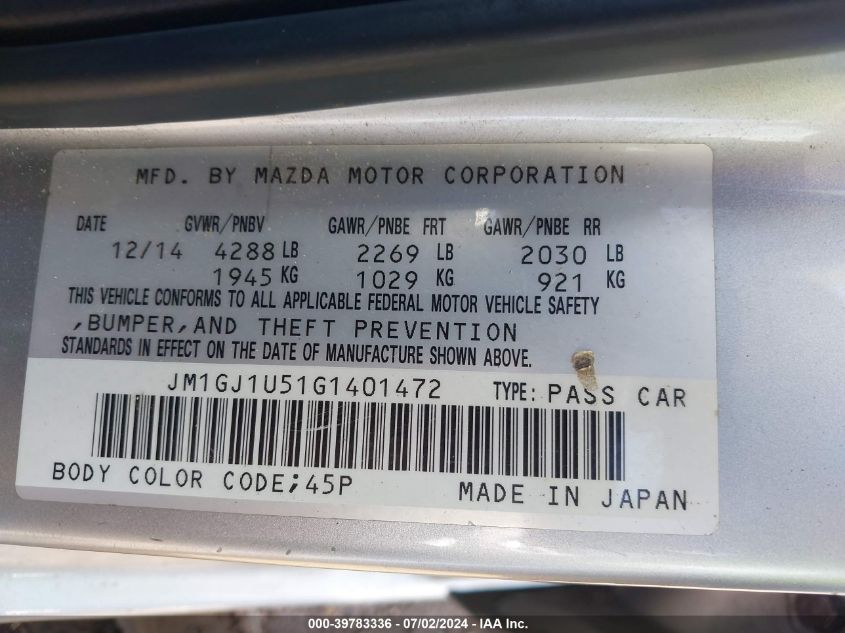 2016 Mazda Mazda6 I Sport VIN: JM1GJ1U51G1401472 Lot: 39783336