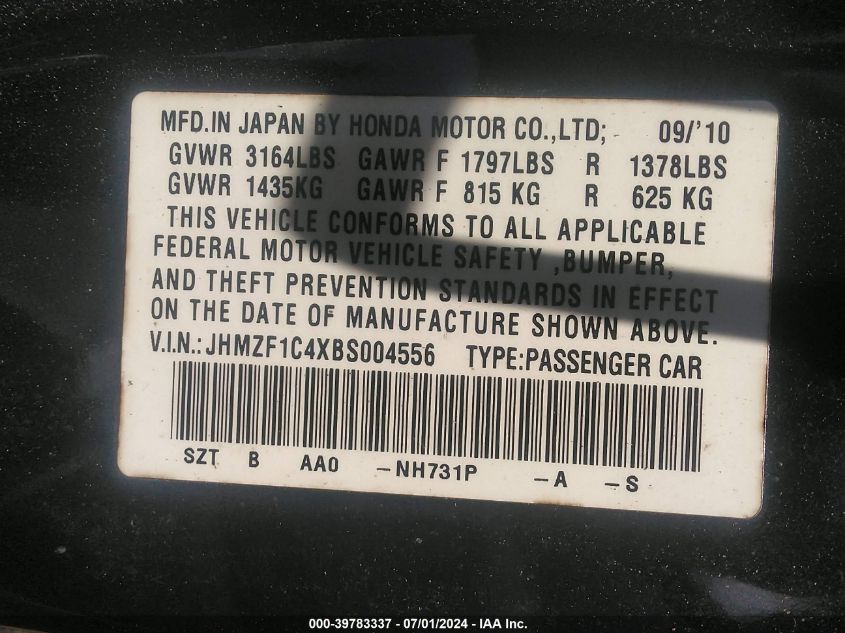 2011 Honda Cr-Z VIN: JHMZF1C4XBS004556 Lot: 39783337