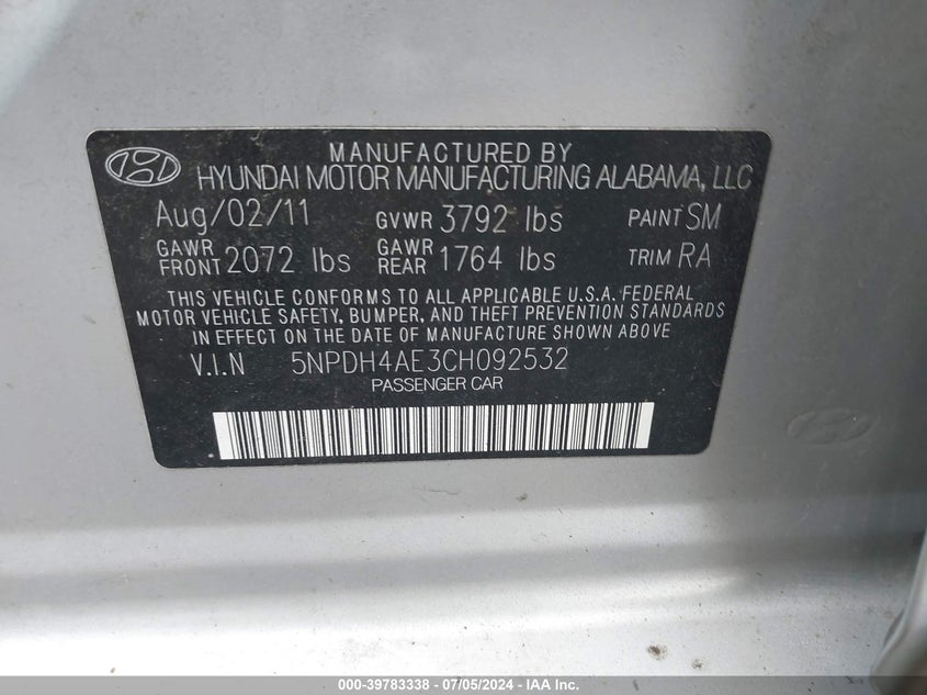 2012 Hyundai Elantra Gls VIN: 5NPDH4AE3CH092532 Lot: 39783338