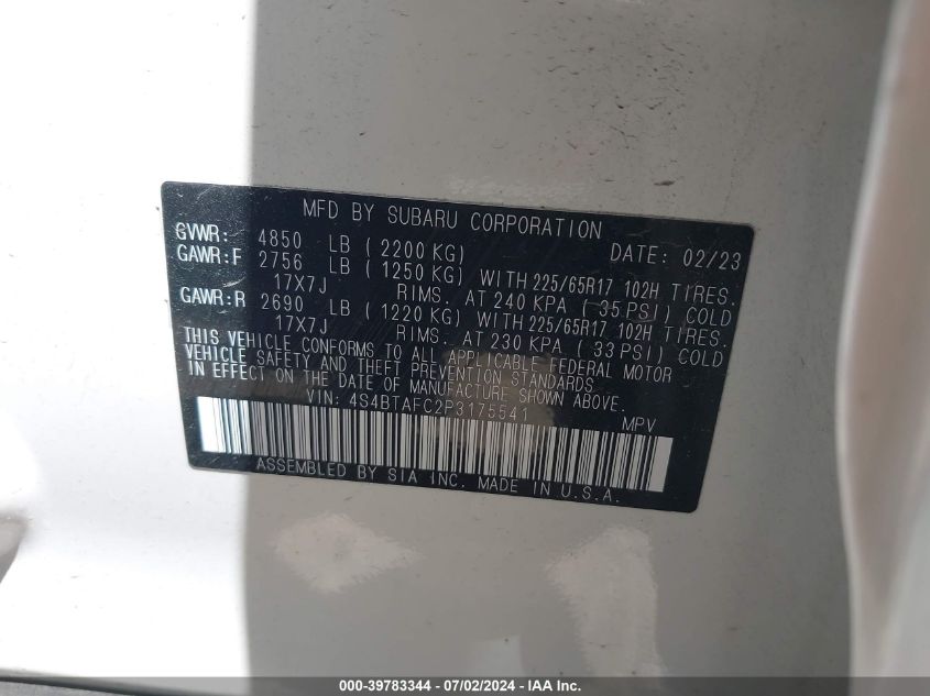 2023 Subaru Outback Premium VIN: 4S4BTAFC2P3175541 Lot: 39783344