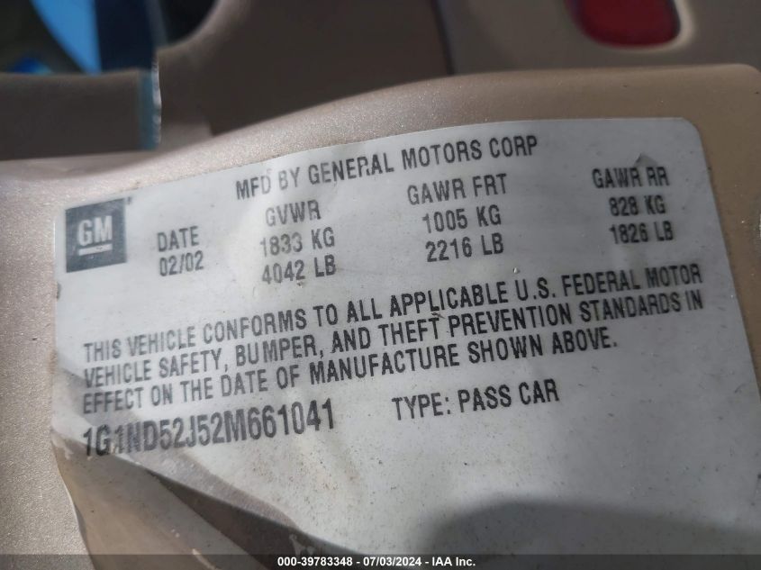 2002 Chevrolet Malibu VIN: 1G1ND52J52M661041 Lot: 39783348