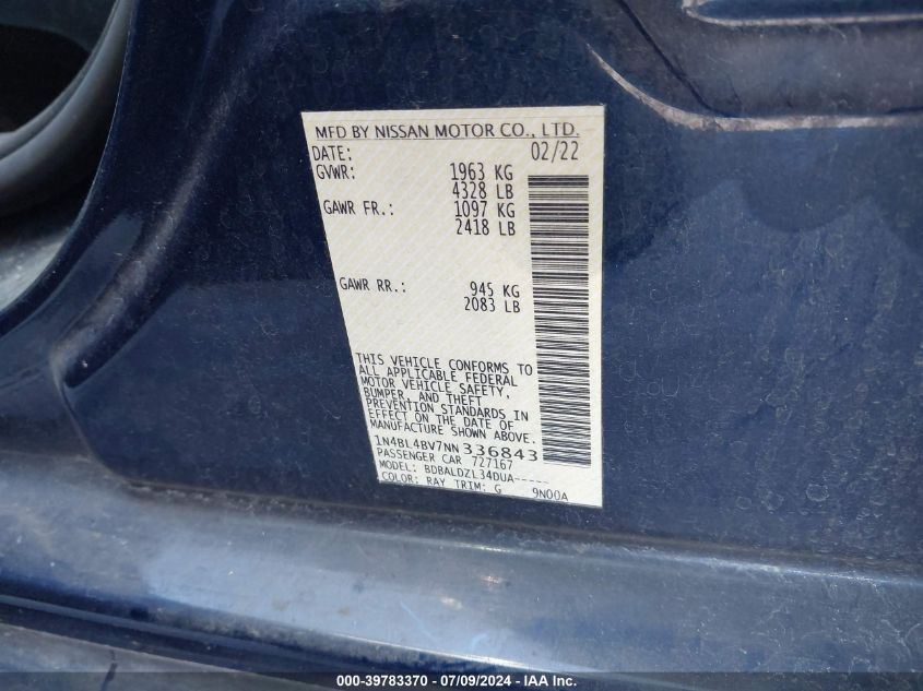 2022 Nissan Altima S Fwd VIN: 1N4BL4BV7NN336843 Lot: 39783370